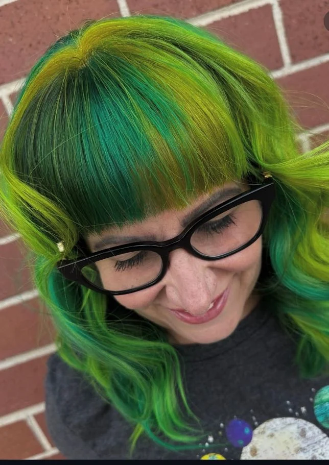 Bright green and teal hair color by Stephanie Thomas at Gypsy Cosmo Salon