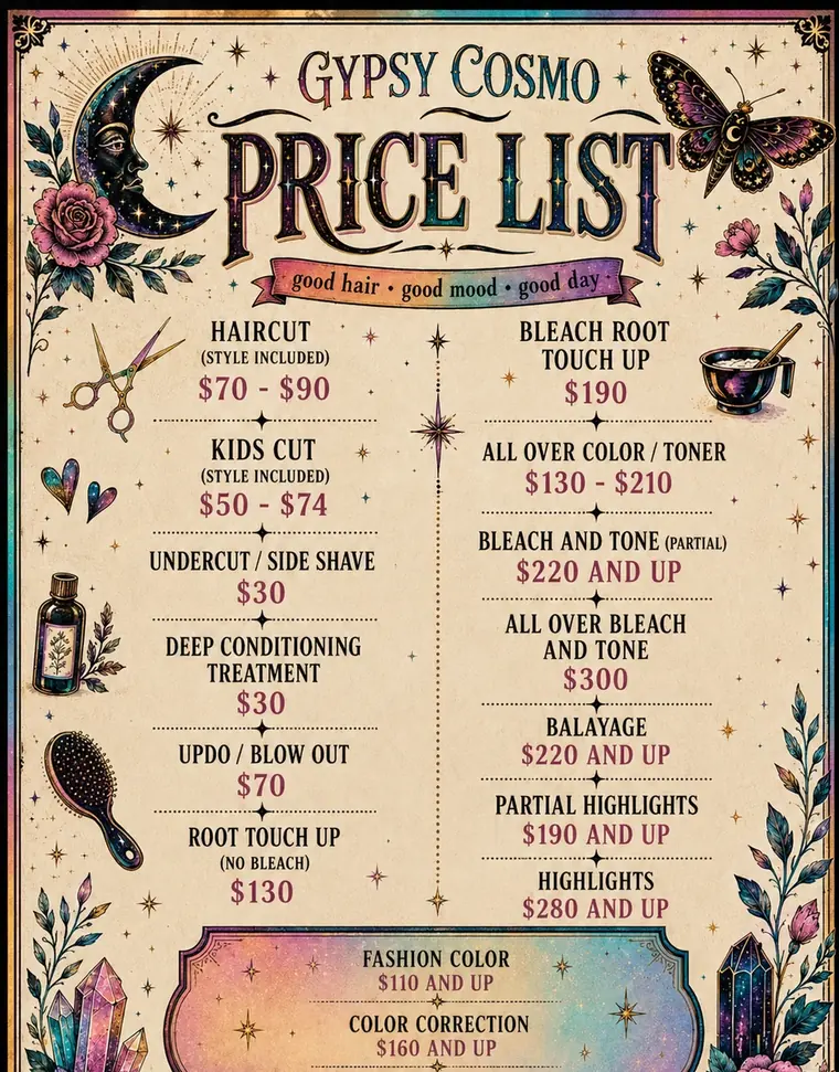 Gypsy Cosmo Salon current price list; service pricing is also provided as text below
